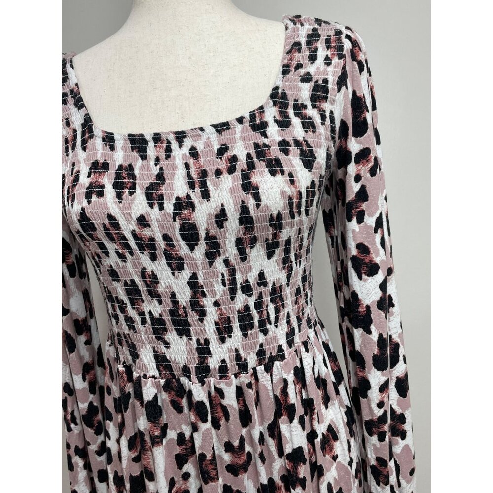 True Craft Animal Print Babydoll Dress Womens M Mauve Ballon Sleeve - Picture 2 of 5